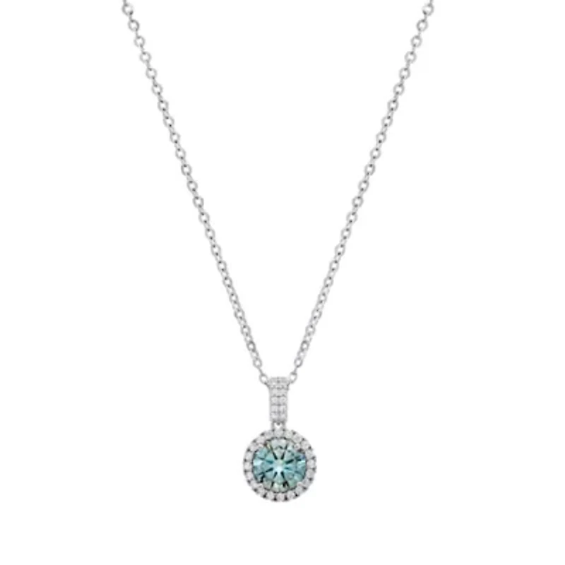 Lab Created Sterling Silver Turquoise Moissanite Diamond Halo Pendant Necklace 1 CTTW