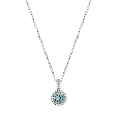 Lab Created Sterling Silver Turquoise Moissanite Diamond Halo Pendant Necklace 1 CTTW