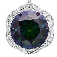 Lab Created Sterling Silver Rainbow Moissanite Diamond Halo Pendant Necklace 1 CTTW