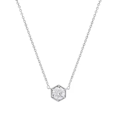 Lab Created Sterling Silver Hexagon 6 Prong Round Brilliant Moissanite Diamond Pendant Necklace 1 CTTW