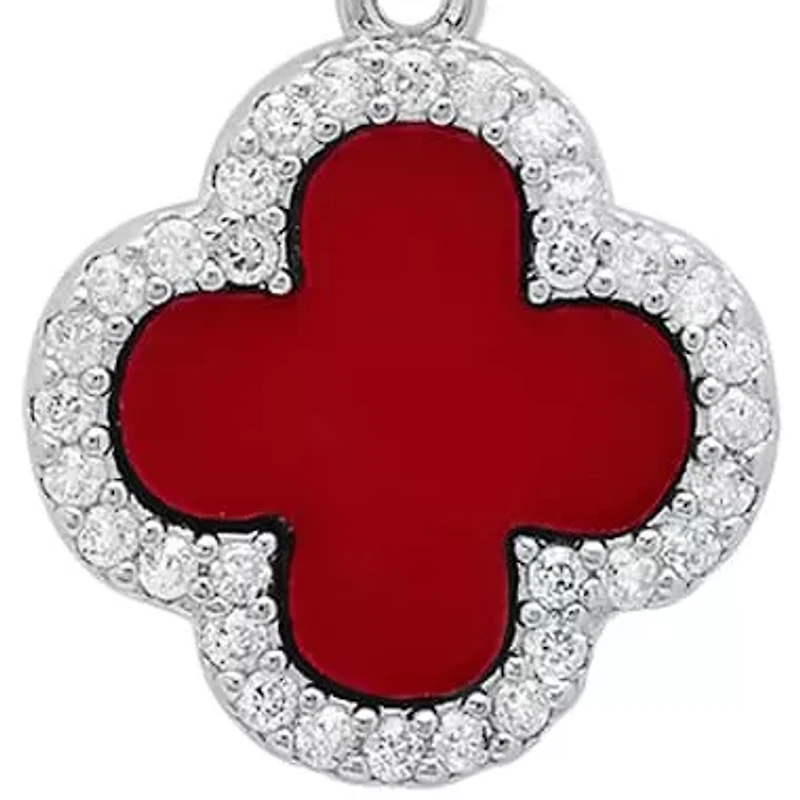 Lab Created Sterling Silver Red Clover Pendant with Moissanite Diamond Halo Necklace