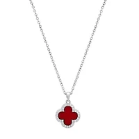Lab Created Sterling Silver Red Clover Pendant with Moissanite Diamond Halo Necklace