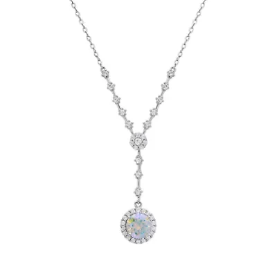 Lab Created Sterling Silver Moissanite Rainbow Diamond Halo Drop Pendant Necklace 1 CTTW