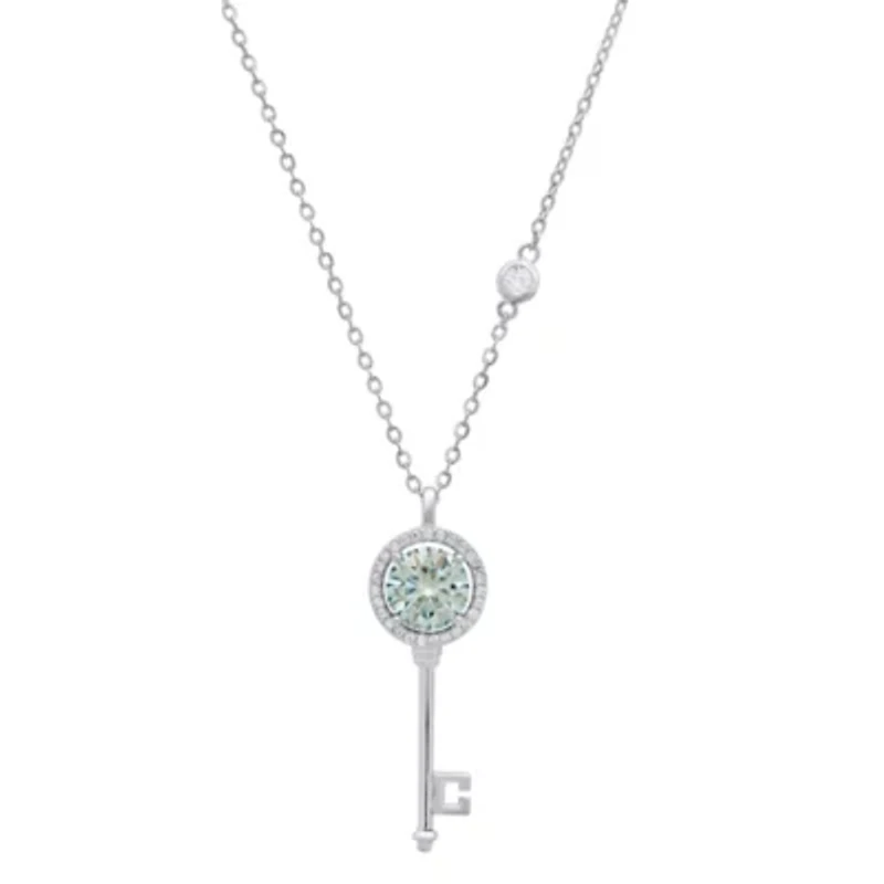 Lab Created Sterling Silver Turquoise Moissanite Key Pendant Necklace 1 CTTW