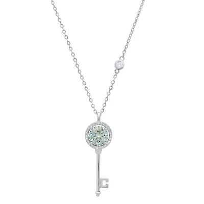 Lab Created Sterling Silver Turquoise Moissanite Key Pendant Necklace 1 CTTW