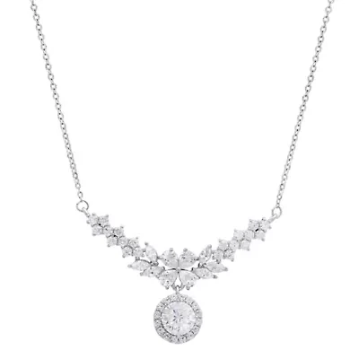 Lab Created Sterling Silver Moissanite Diamond Floral Drop Necklace 3 CTTW