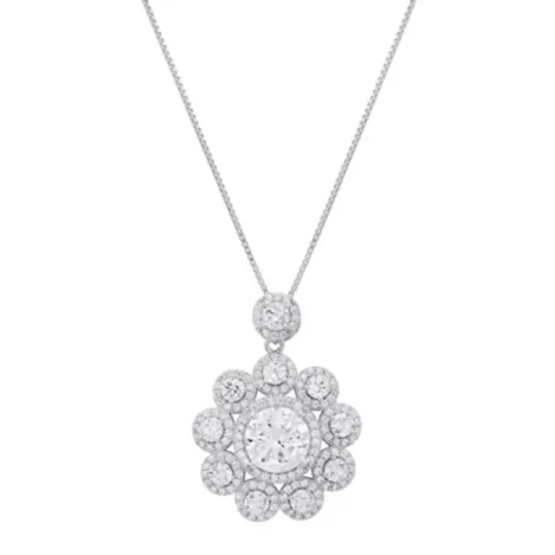 Lab Created Sterling Silver Moissanite Diamond Floral Halo Pendant Necklace 6 CTTW
