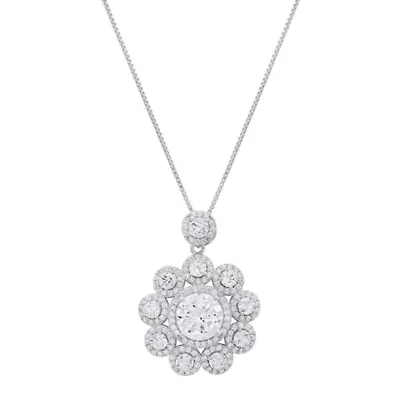 Lab Created Sterling Silver Moissanite Diamond Floral Halo Pendant Necklace 6 CTTW