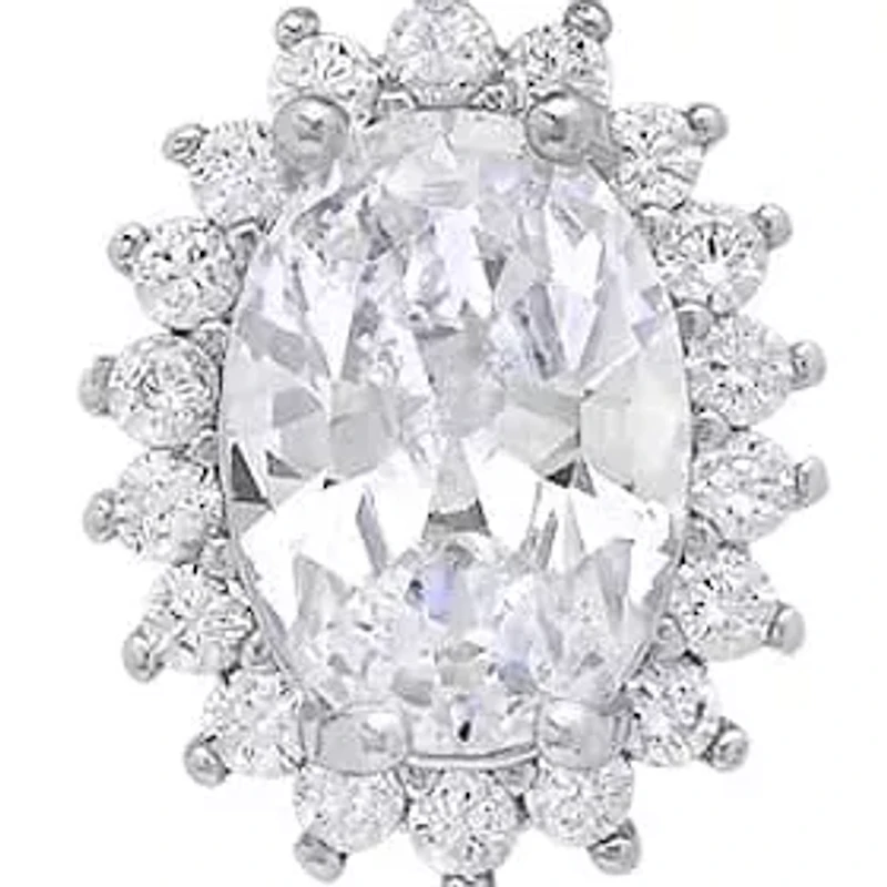 Lab Created Sterling Silver Moissanite Diamond Oval Halo Drop Necklace 2 CTTW