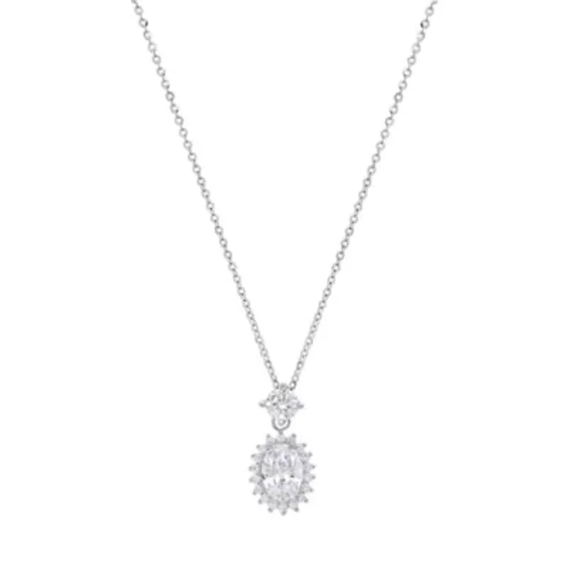 Lab Created Sterling Silver Moissanite Diamond Oval Halo Drop Necklace 2 CTTW