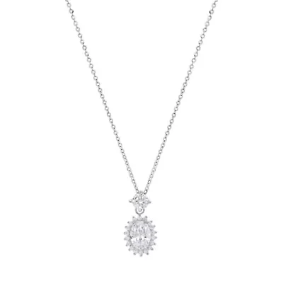 Lab Created Sterling Silver Moissanite Diamond Oval Halo Drop Necklace 2 CTTW