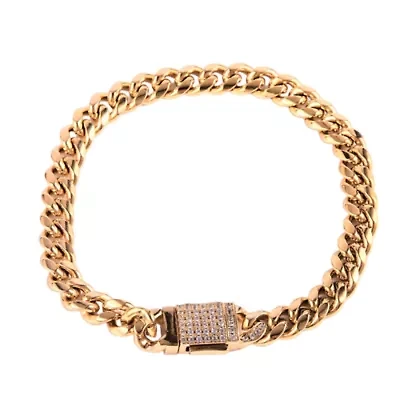 18K Gold Plated Cuban Link Bracelet 8mm with CZ Iced Out Lockbox Clasp
