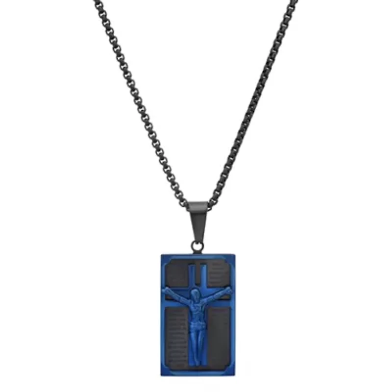 Two-Tone Stainless Steel Crucifix Prayer Plaque Necklace