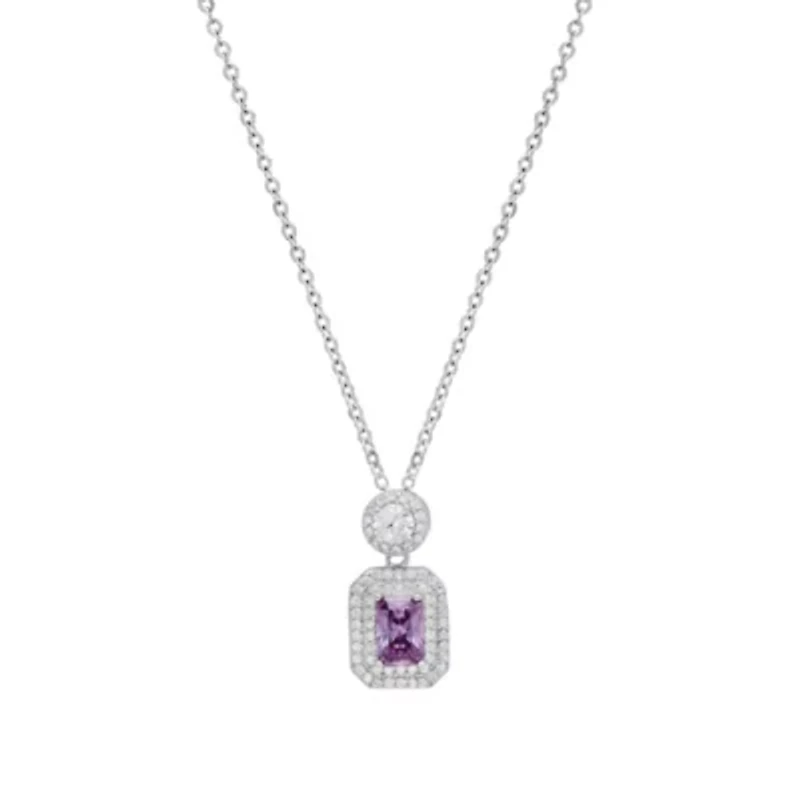 Lab Created Sterling Silver Emerald Cut Diamond Halo Pendant Necklace
