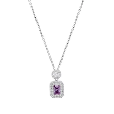 Lab Created Sterling Silver Emerald Cut Diamond Halo Pendant Necklace