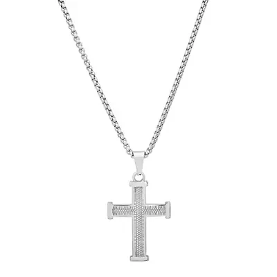 Men's Textured Silver Cross Box Chain Necklace