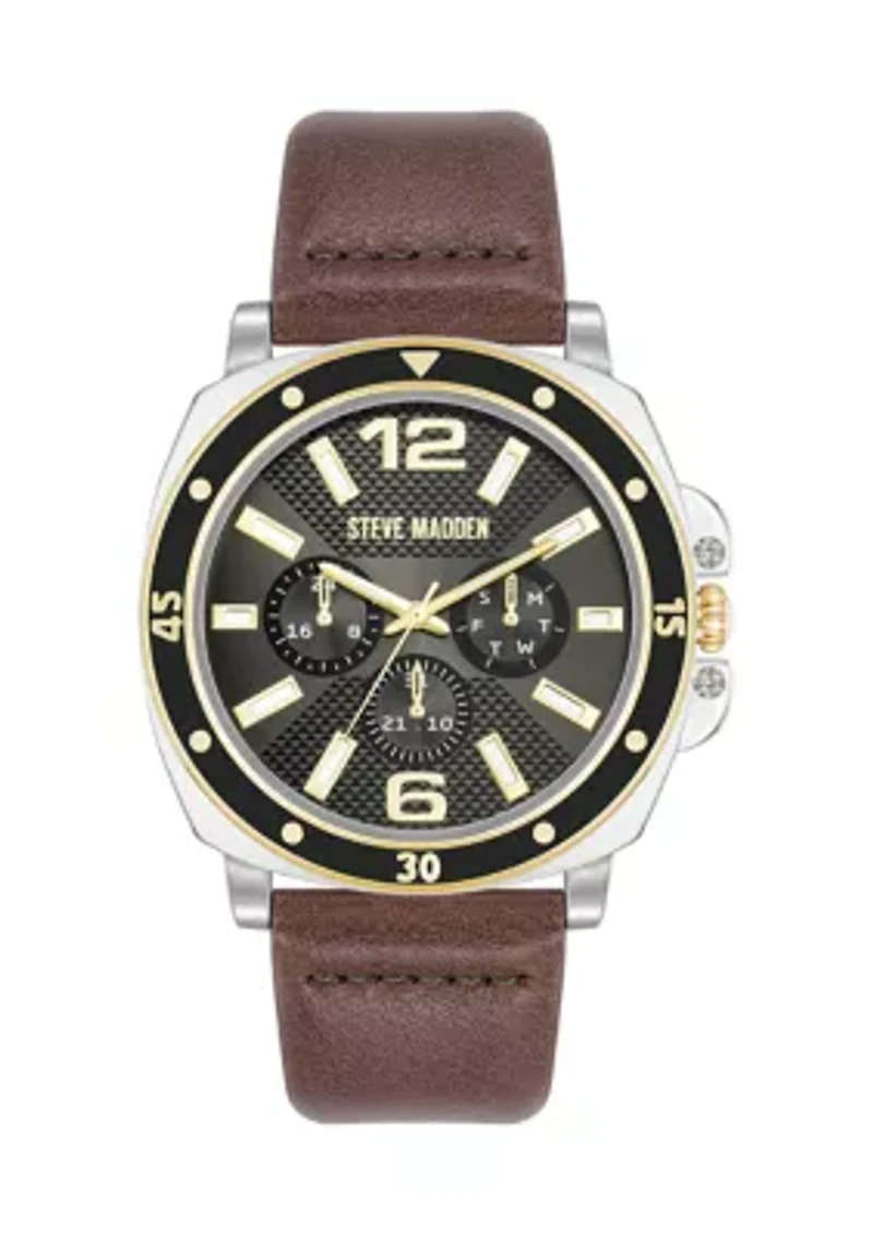 Men's Stylish Brown Faux Leather and Two-Tone Alloy Metal Watch