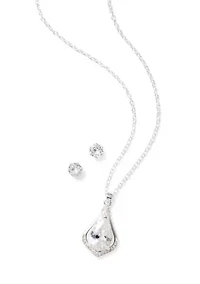 Silver Plated Cubic Zirconia Teardrop Pendant and Stud Earring Set