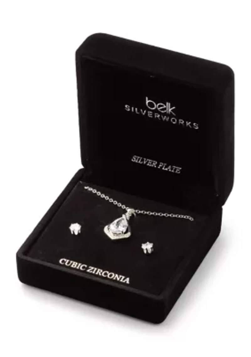 Silver Plated Cubic Zirconia Teardrop Pendant and Stud Earring Set