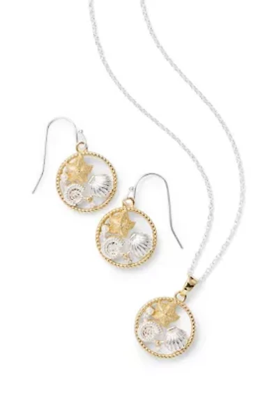 Fine Plated Two Tone Sea Life Pendant Necklace and Drop Earrings Set