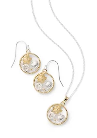Fine Plated Two Tone Sea Life Pendant Necklace and Drop Earrings Set