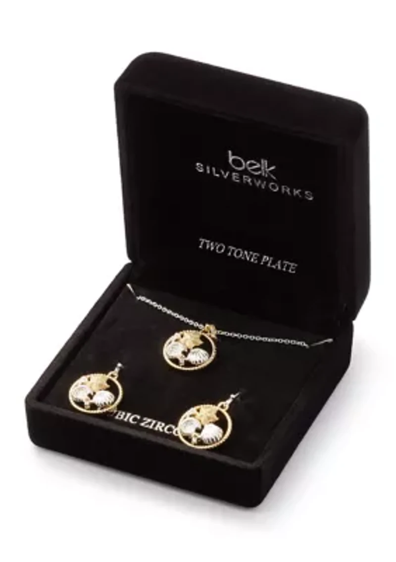 Fine Plated Two Tone Sea Life Pendant Necklace and Drop Earrings Set