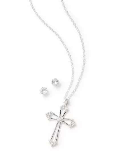 Fine Plated Cubic Zirconia Cross Necklace and Stud Earrings Set