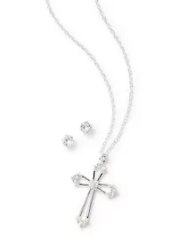 Fine Plated Cubic Zirconia Cross Necklace and Stud Earrings Set 