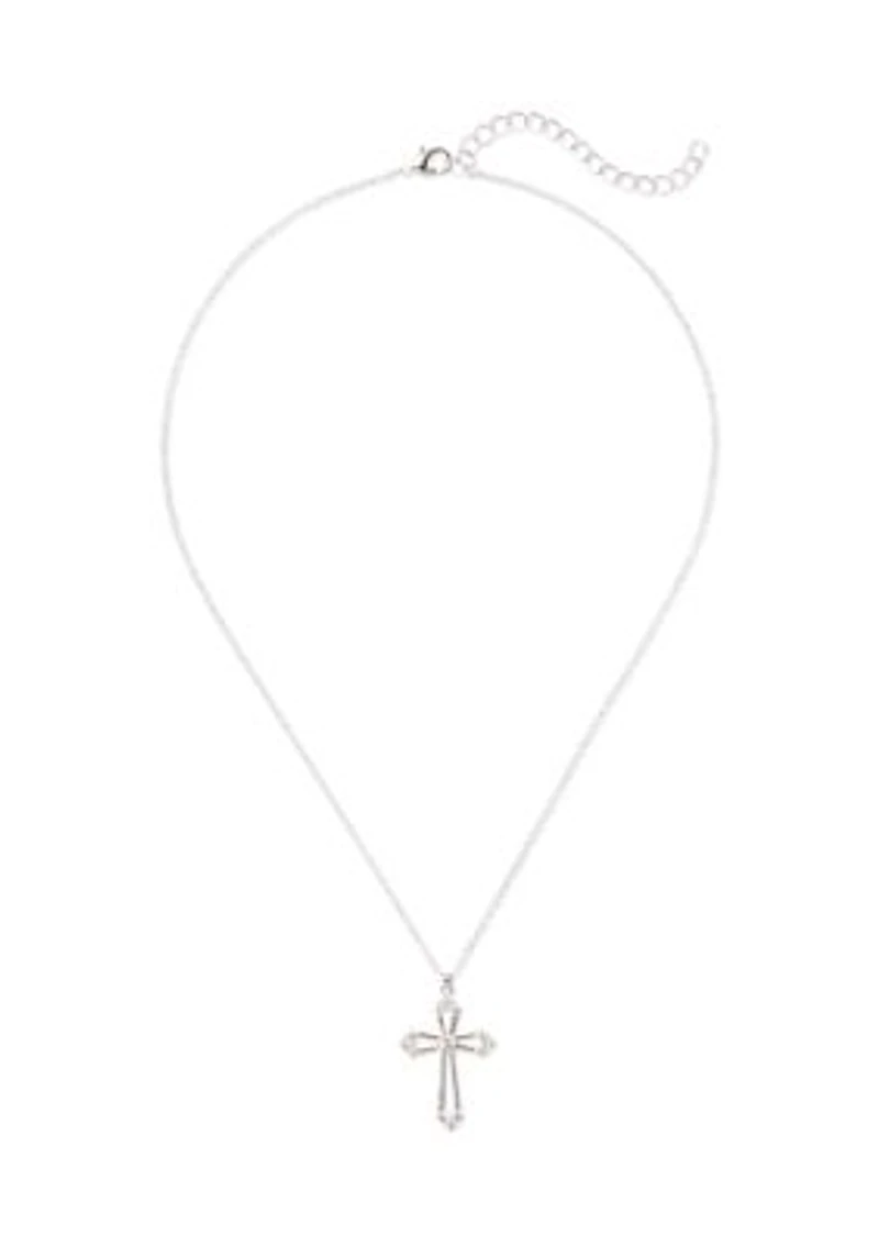 Fine Plated Cubic Zirconia Cross Necklace and Stud Earrings Set 