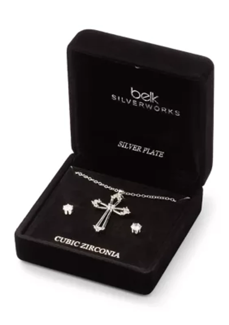 Fine Plated Cubic Zirconia Cross Necklace and Stud Earrings Set 
