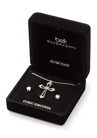 Fine Plated Cubic Zirconia Cross Necklace and Stud Earrings Set 