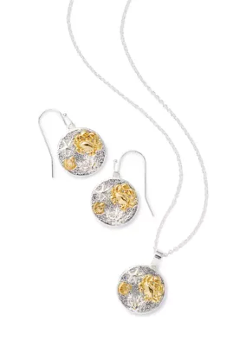 Fine Plated Two Tone Imprinted Sea life Pendant Necklace and Drop Earring Set