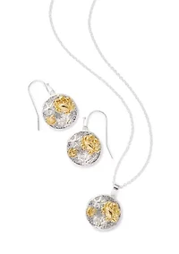 Fine Plated Two Tone Imprinted Sea life Pendant Necklace and Drop Earring Set