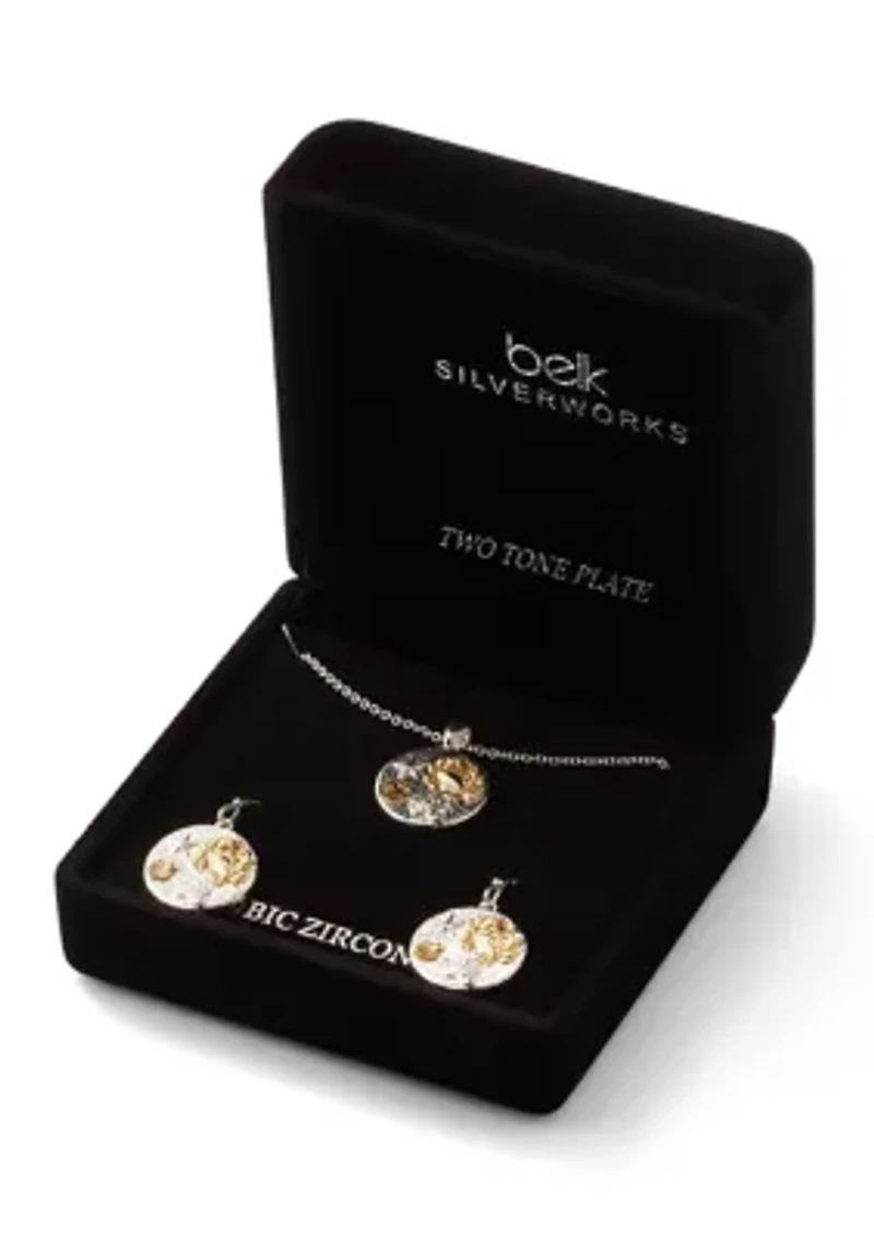 Fine Plated Two Tone Imprinted Sea life Pendant Necklace and Drop Earring Set
