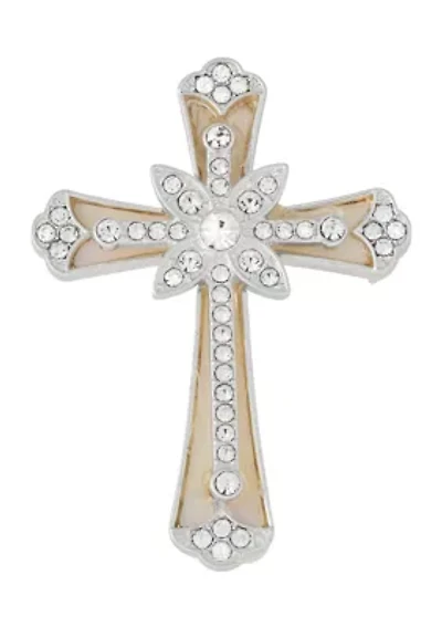 Silver Tone White Crystal Cross Pin - Boxed