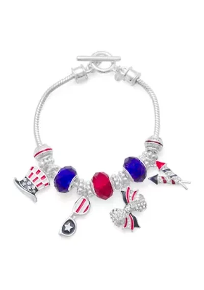 Silver Tone Red White Blue Americana Slider Bracelet