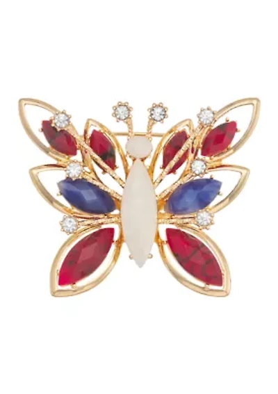 Gold Tone Red White Blue Butterfly Pin