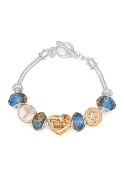 Silver Tone Blue White Faith Slider Bracelet