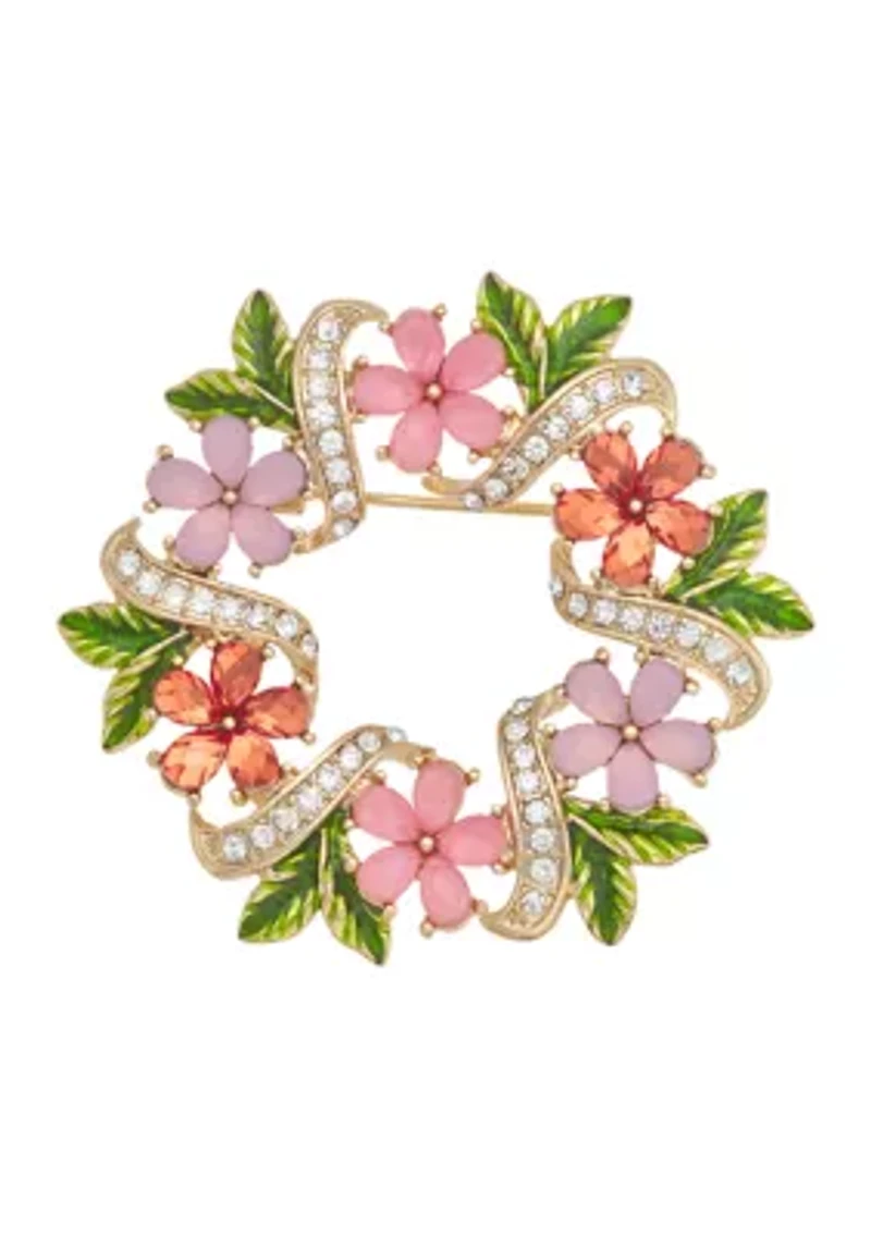 Gold Tone Pink Flower Wreath Pin