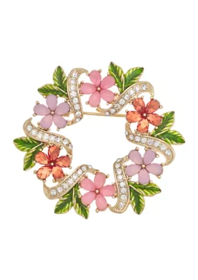 Gold Tone Pink Flower Wreath Pin