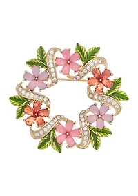Gold Tone Pink Flower Wreath Pin