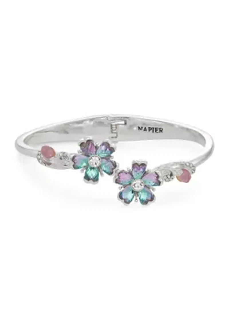 Silver Tone Purple Blue Flower Bangle Bracelet