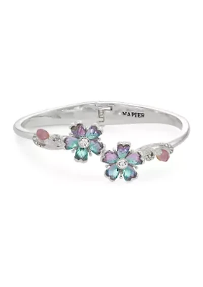 Silver Tone Purple Blue Flower Bangle Bracelet