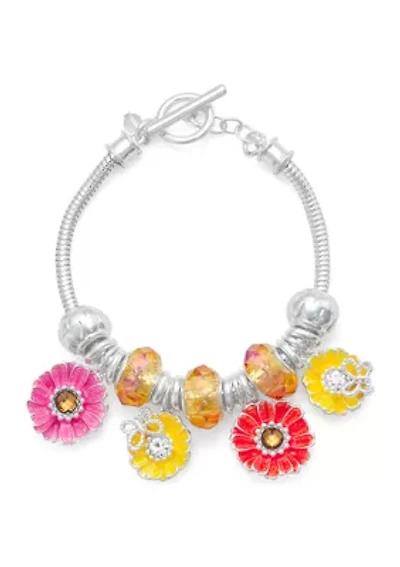 Silver Tone Multi Daisies Charm Slider Bracelet
