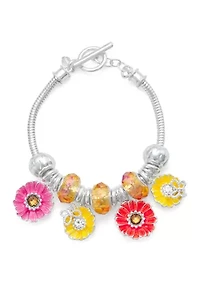 Silver Tone Multi Daisies Charm Slider Bracelet