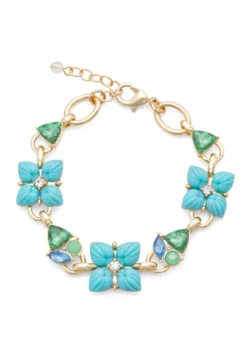 Gold Tone Green Blue Flower Flex Bracelet