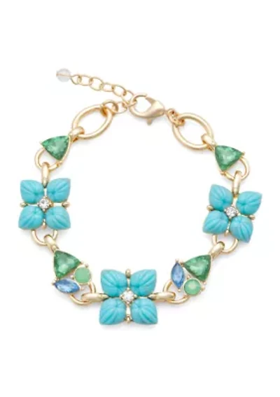 Gold Tone Green Blue Flower Flex Bracelet
