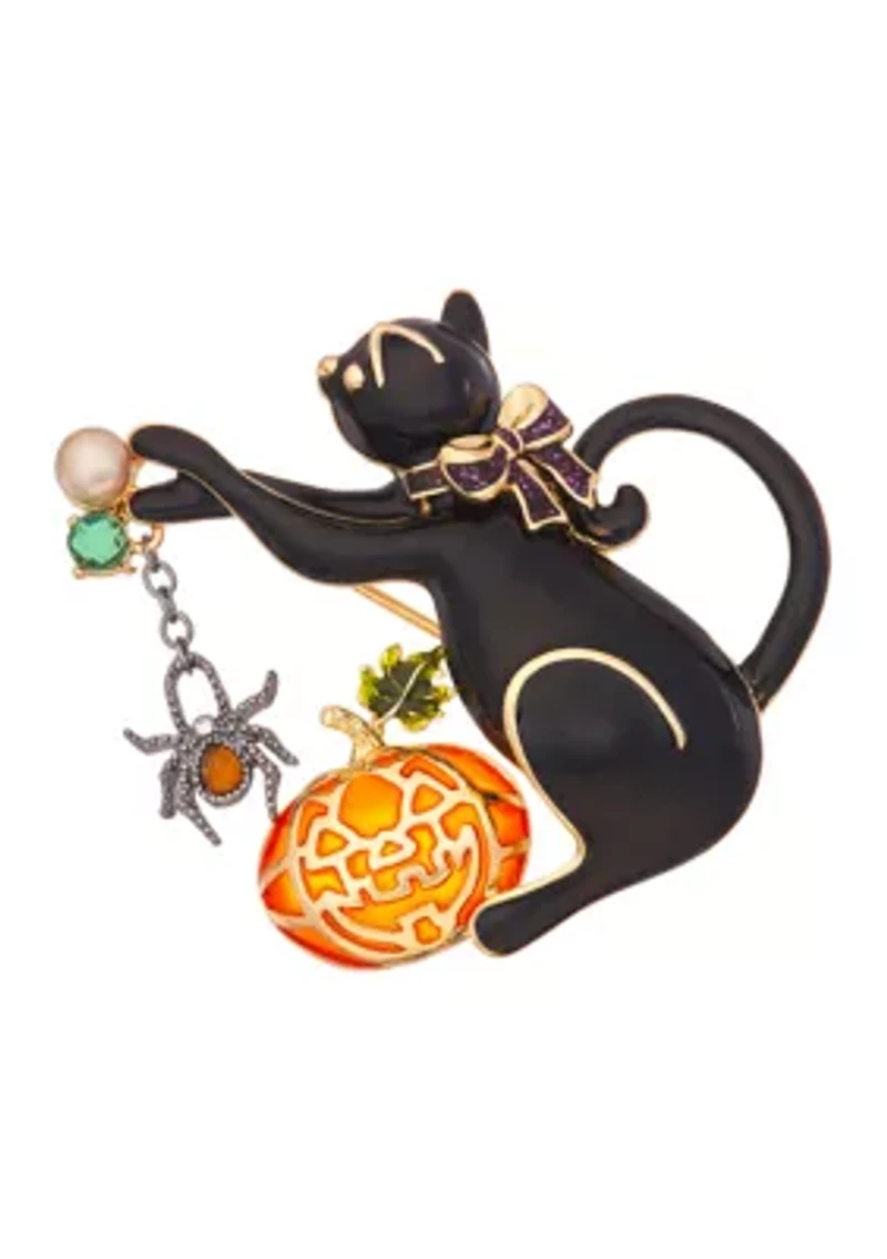 Gold Tone Cat & Pumpkin Pin 