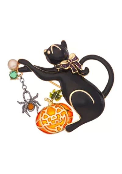 Gold Tone Cat & Pumpkin Pin 