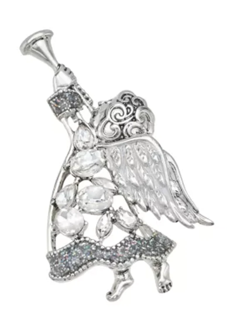 Silver-Tone Crystal Angel Pin